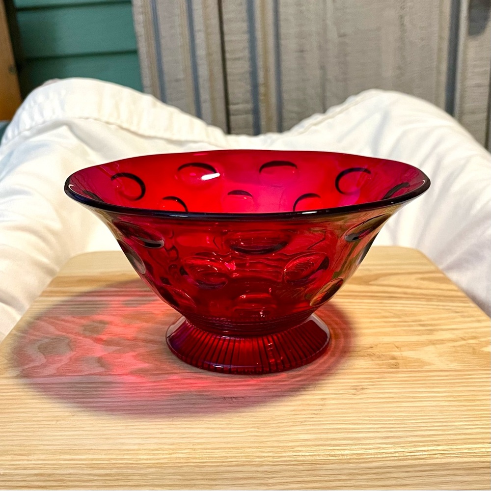 *VINTAGE* Imperial Glass Ruby Red Amberina Footed Bowl - Coin Dot/Red Thumbprint